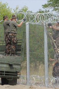 Katonák NATO-drótot rögzítenek a kerítés tetejére az ideiglenes biztonsági határzár 175 méteres mórahalmi mintaszakaszán a magyar-szerb határon 2015. július 18-án. MTI Fotó: Kelemen Zoltán Gergely