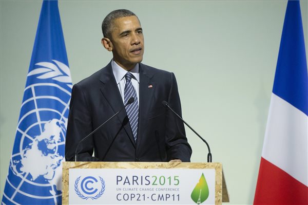  Barack Obama amerikai elnök felszólal az ENSZ 21. klímakonferenciáján a Párizs melletti Le Bourget-ban 2015. november 30-án. MTI Fotó: Koszticsák Szilárd